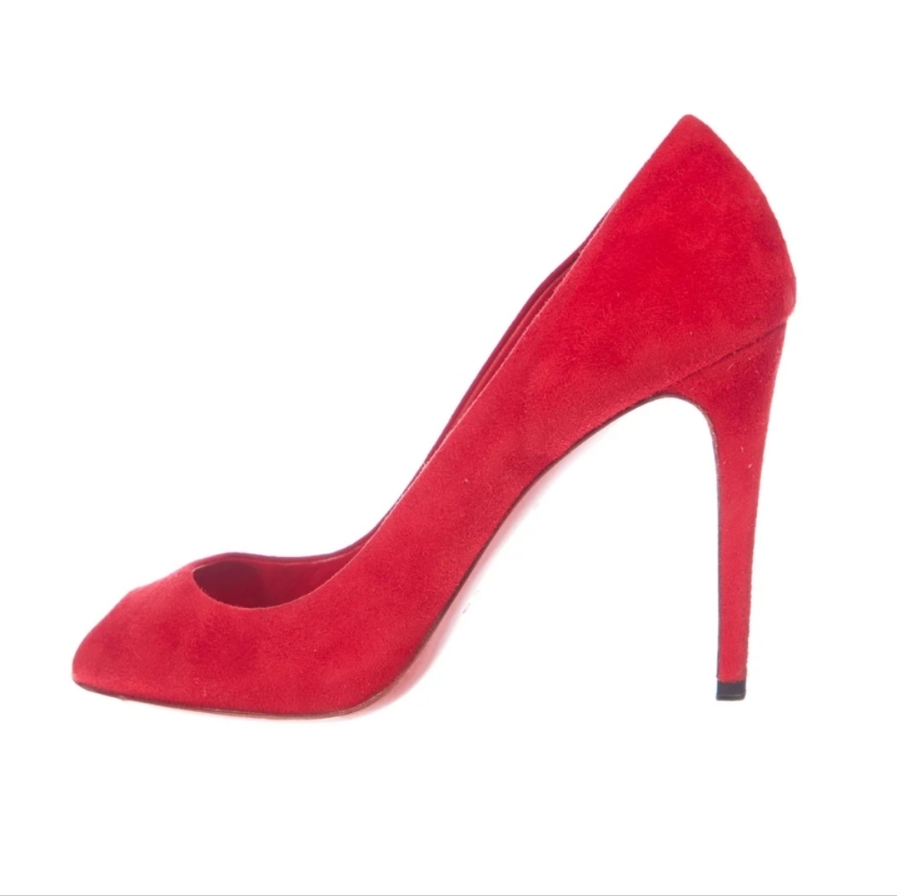 Miu Miu Prada Red Suede Peep Toe Stiletto Heels Pumps Size 37.5